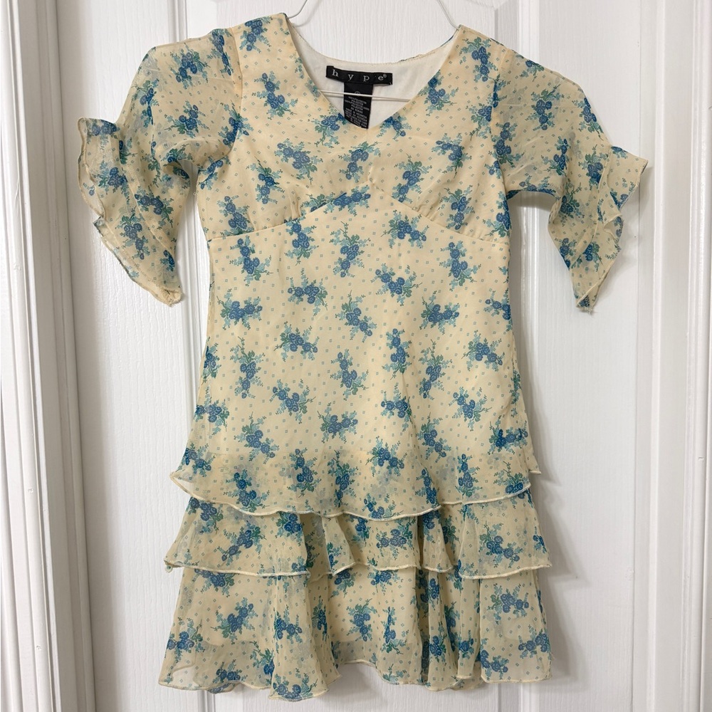 Hype chiffon yellow blue floral dress V neck, ruffled sleeves,tiered ruffled 7